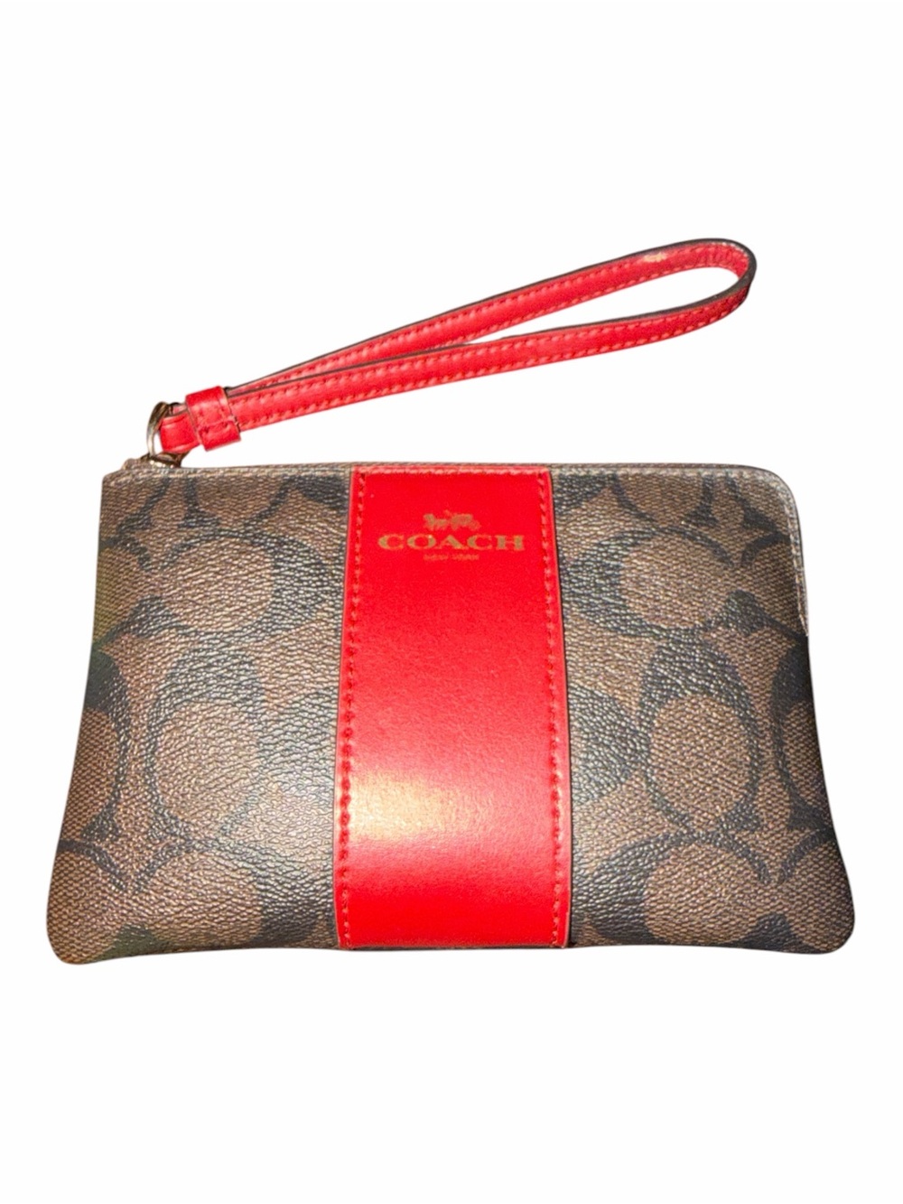 Coach Corner Zip Wristlet Signature Canvas Brown True Red Stripe Like New